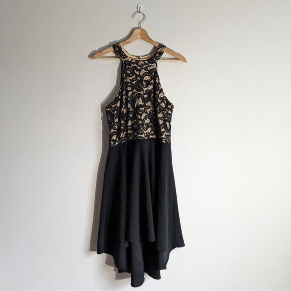 B. Smart Black Lace Halter Open Back High Low Midi Dress - Picture 1 of 7